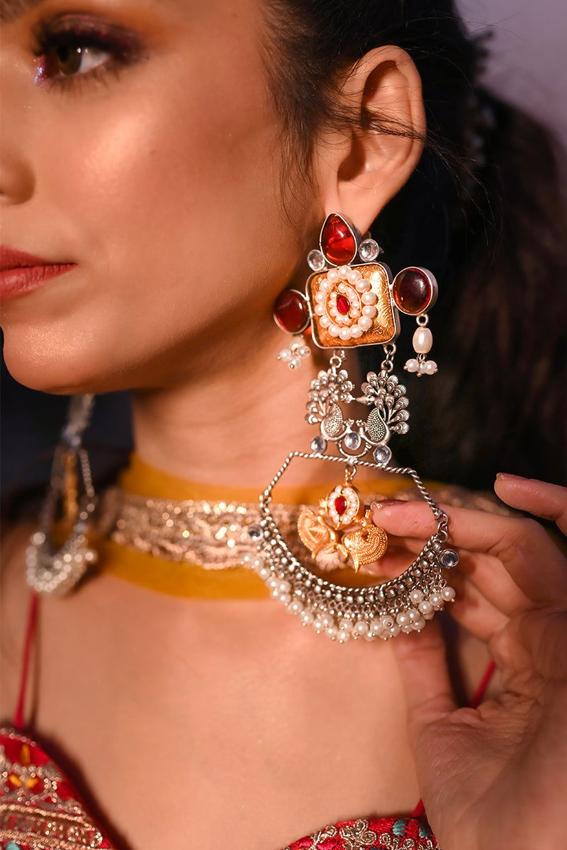 Large Kundan Earrings with Oxidized Antique Peacock Design and Ghungroo Accents - Mayrake - 