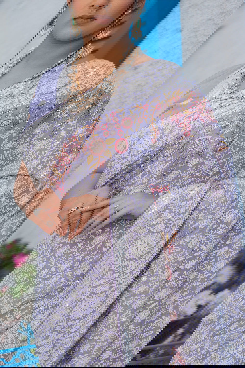 Lavender Purple Lucknowi Georgette Saree with Beautiful Tassels and Zari Work - Mayrake.in