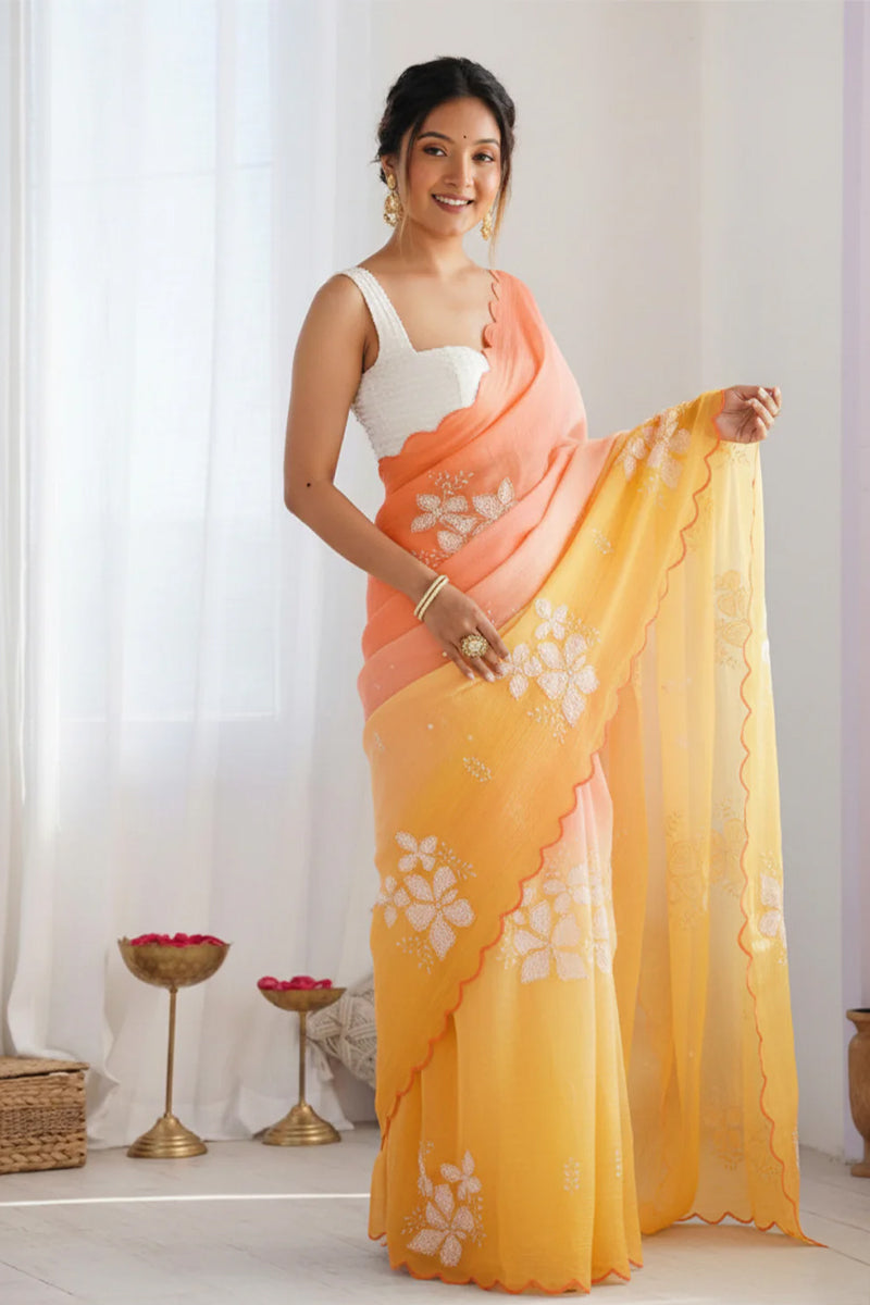 Light Orange Pastel Shaded Chinon Silk Saree with Sequin Embroidery & Khatli Border