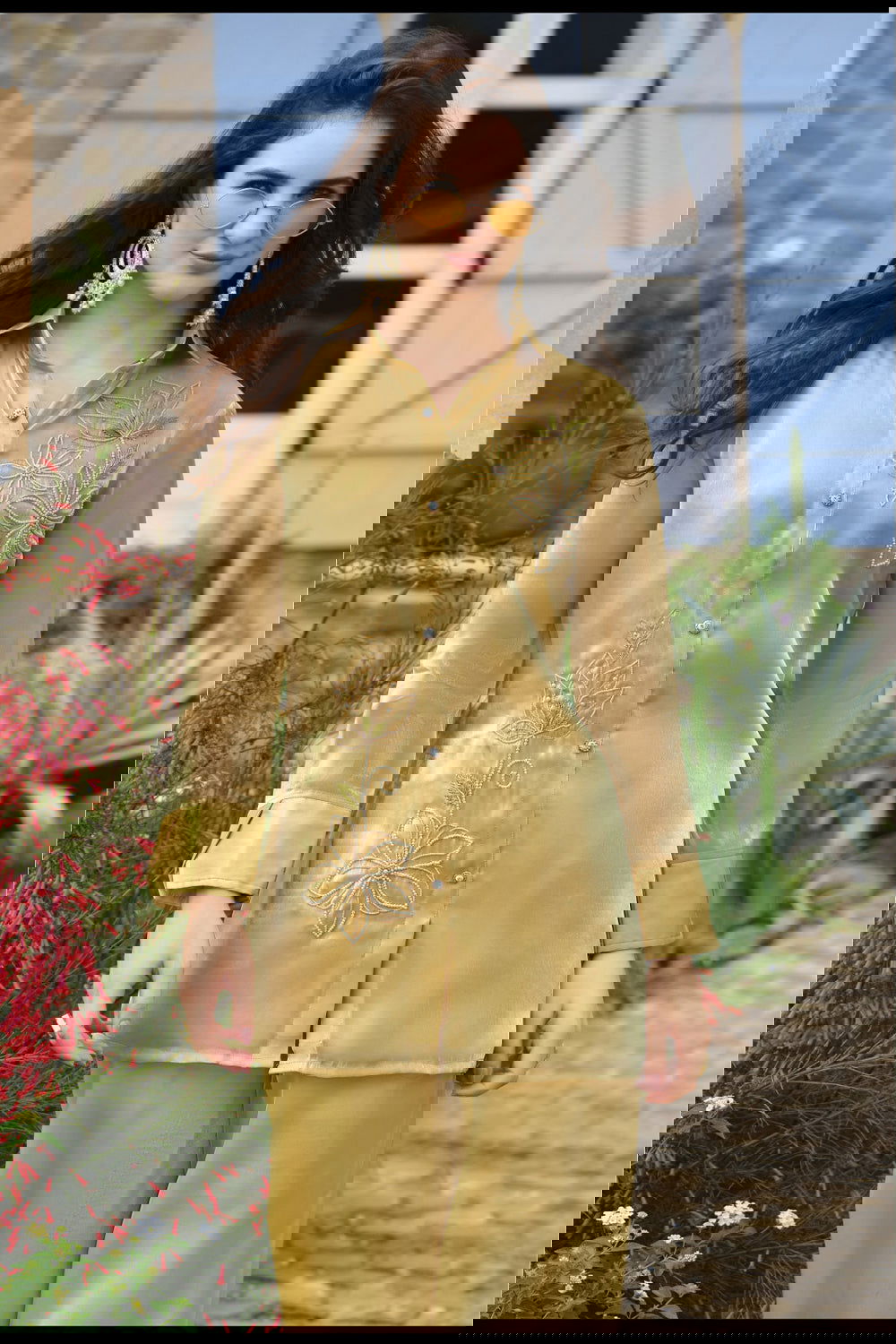 Light Yellow Handwork Viscose Silk Cord-Set Suit with Pant with Pocket - Mayrake.in