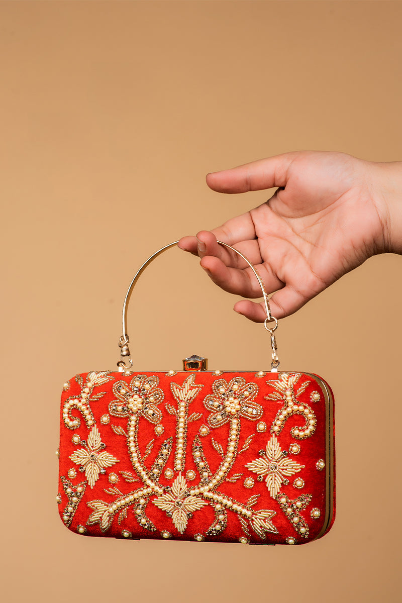 Handcrafted Red Velvet Zardosi Clutch with Pearls & Handle