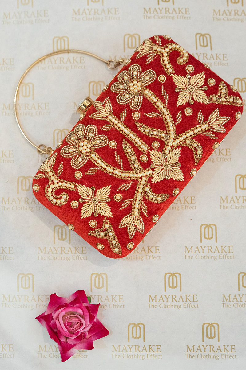 Handcrafted Red Velvet Zardosi Clutch with Pearls & Handle
