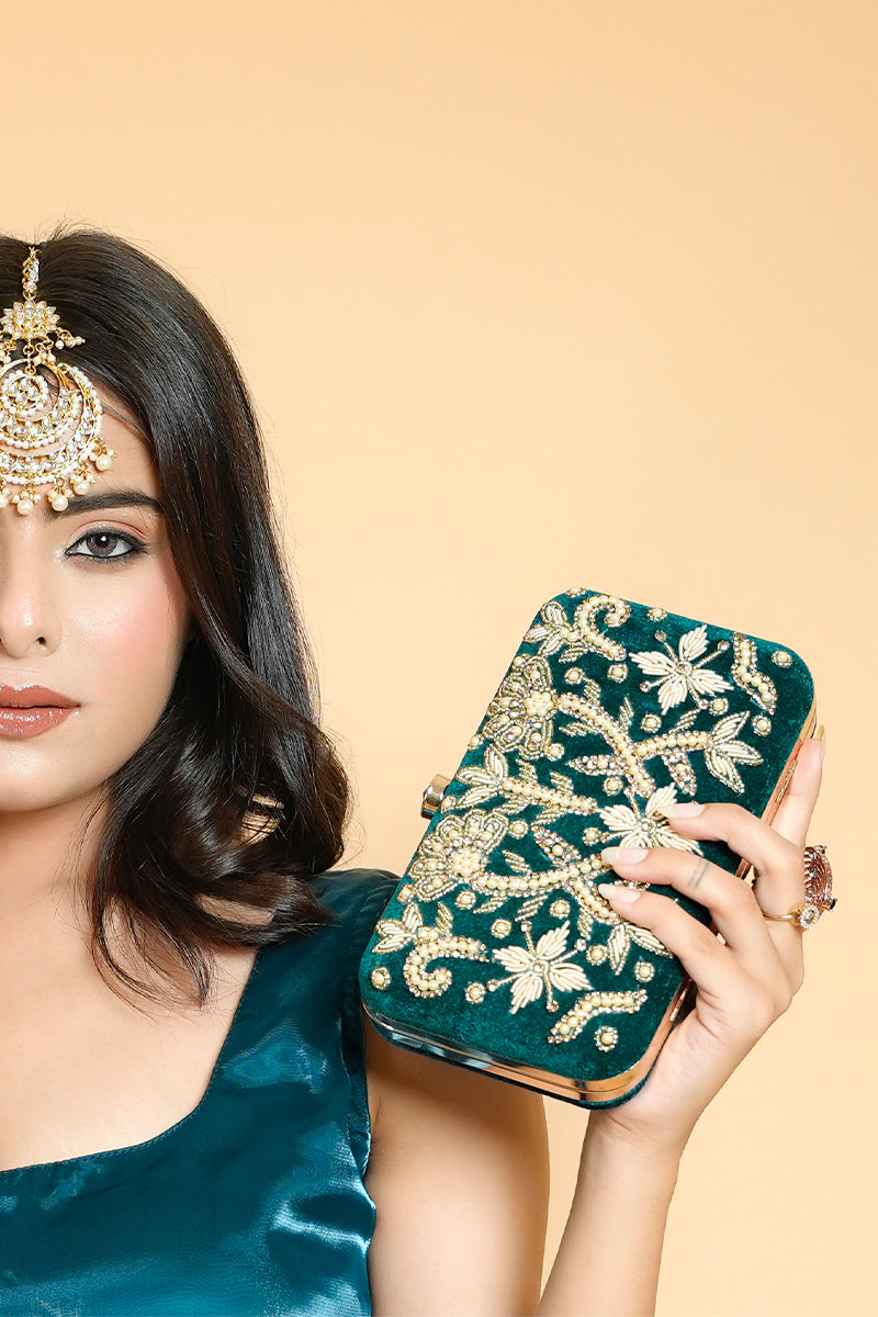 Green Velvet Clutch with Pearl & Zardosi Work – With Handle
