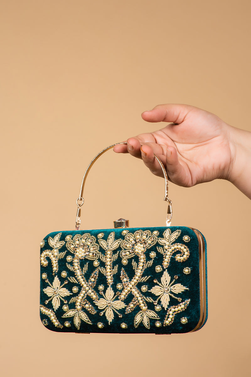 Green Velvet Clutch with Pearl & Zardosi Work – With Handle