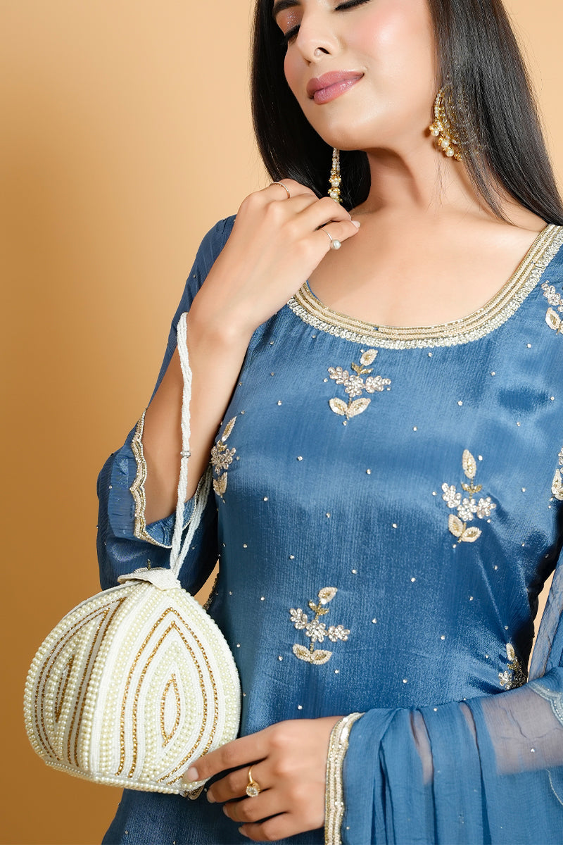 Rose Gold Pearl Potli with Swarovski Frame & Pearl Handle