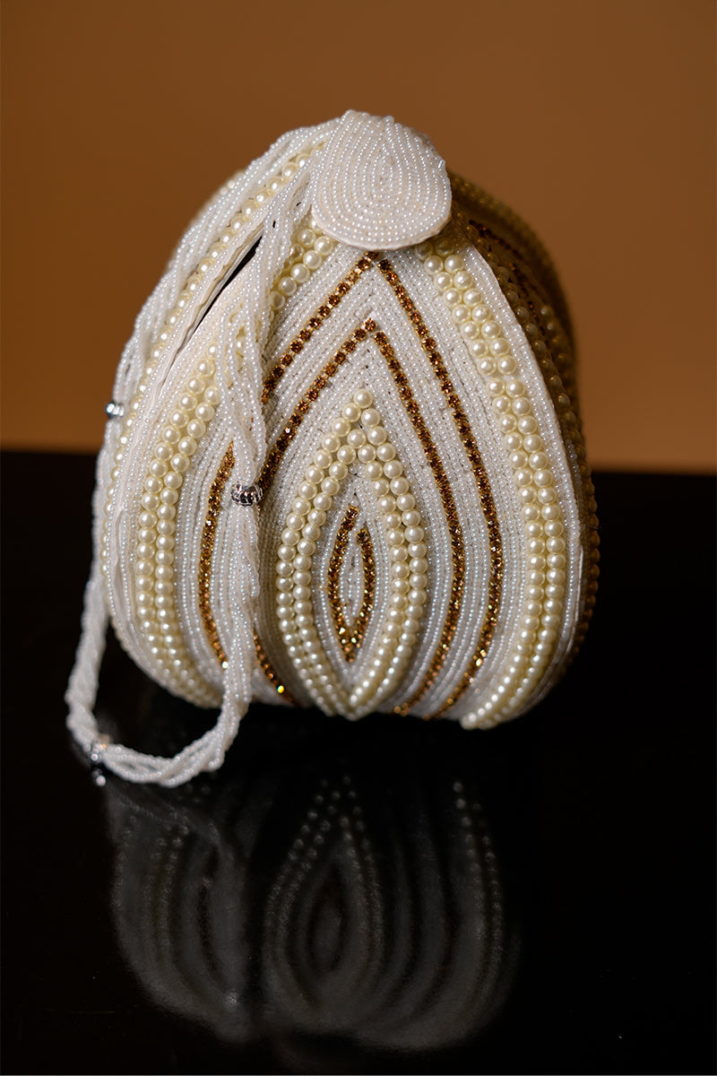 Rose Gold Pearl Potli with Swarovski Frame & Pearl Handle