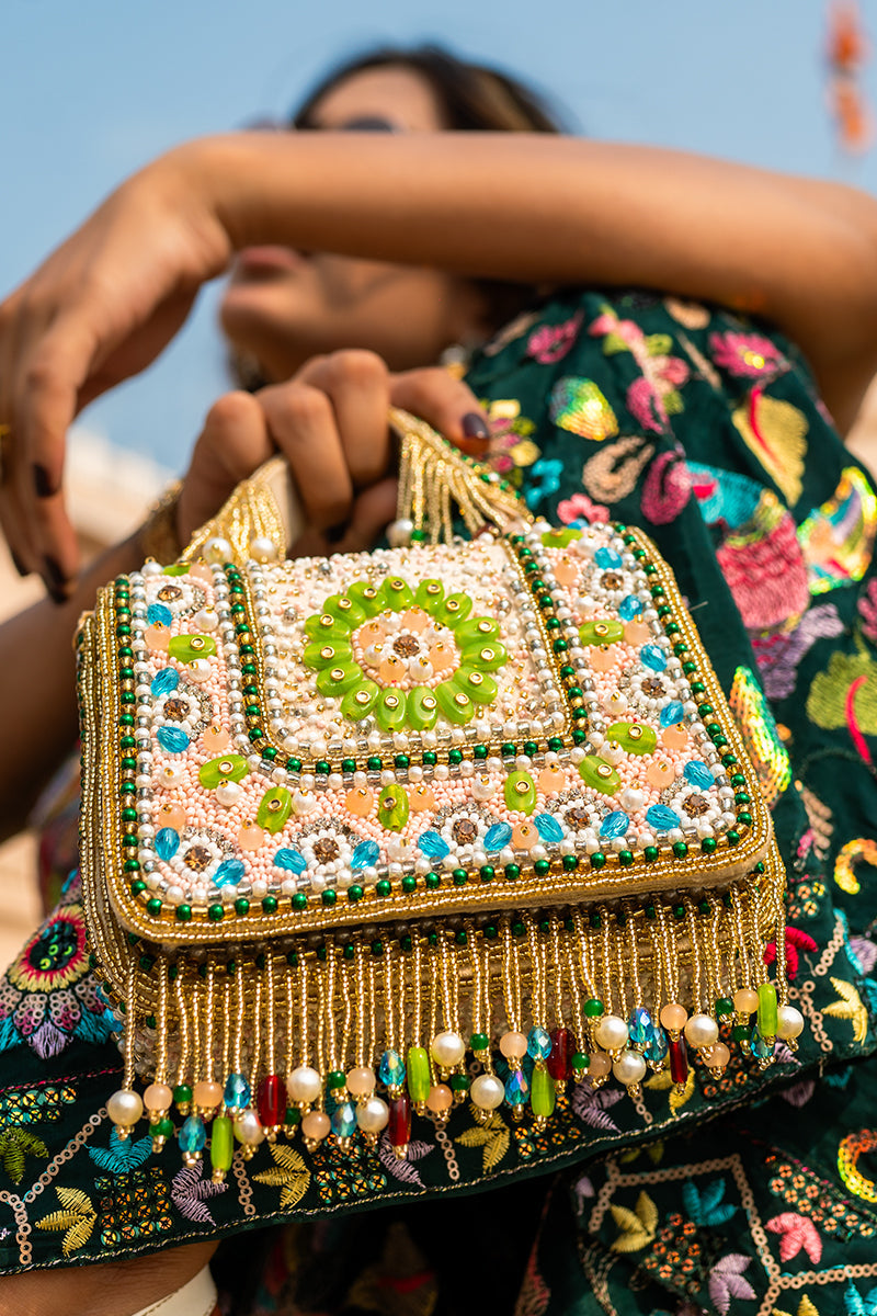 Multicolor Bag with Tassels and Beautiful Handle with Velvet Base