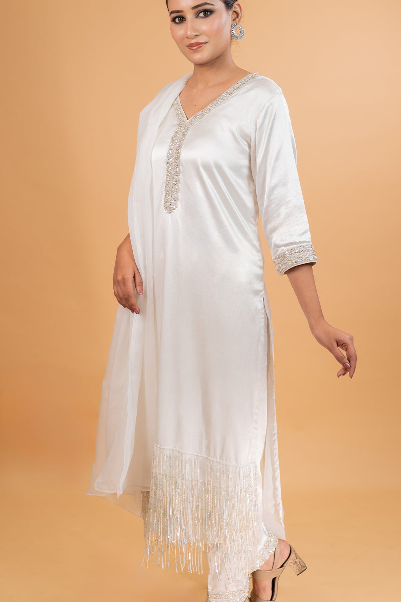 Ivory White Long Suit with Hanging Tassels Kurta
