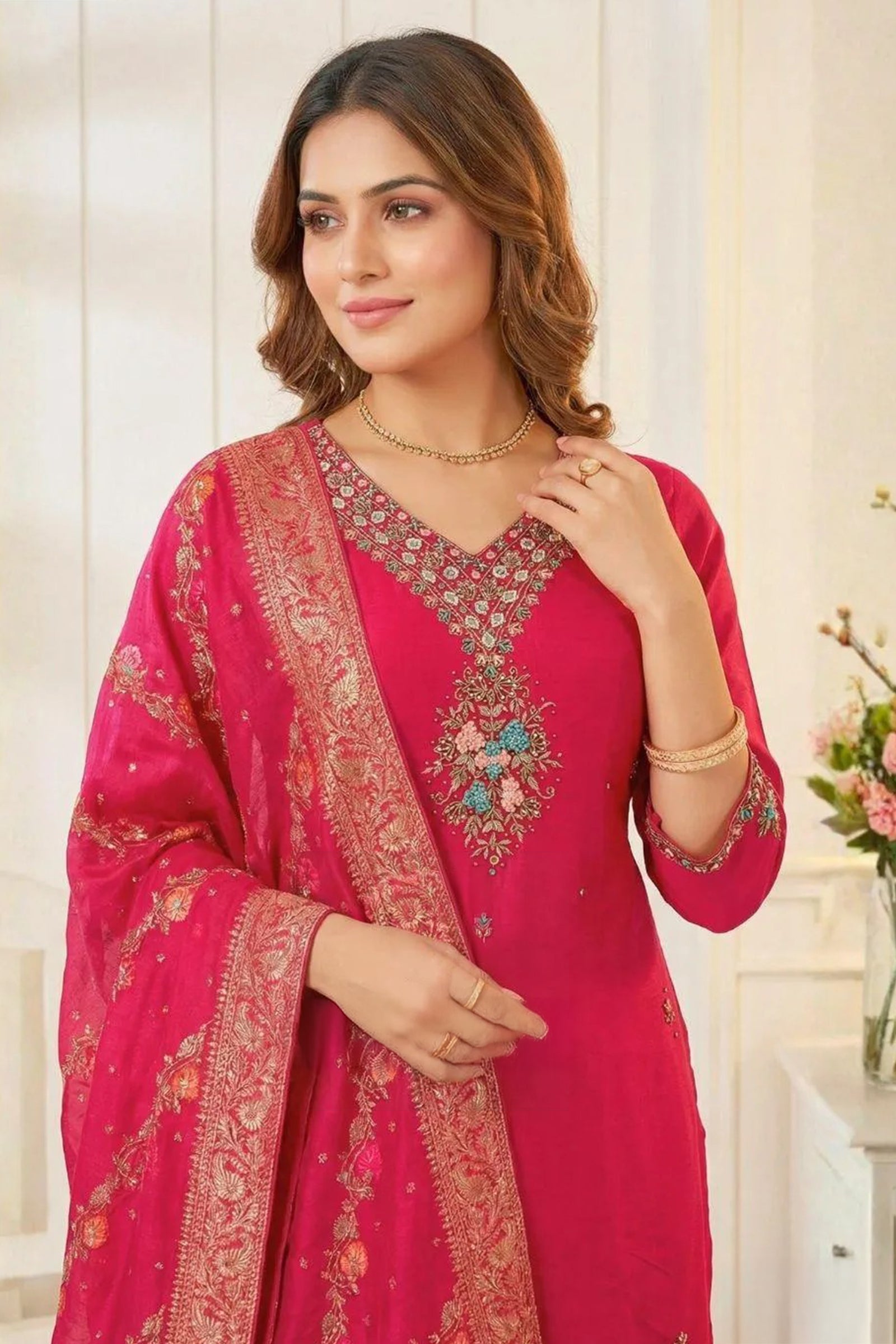 Red Crepe Silk Straight Kurta with Straight Pant and Zardosi Work