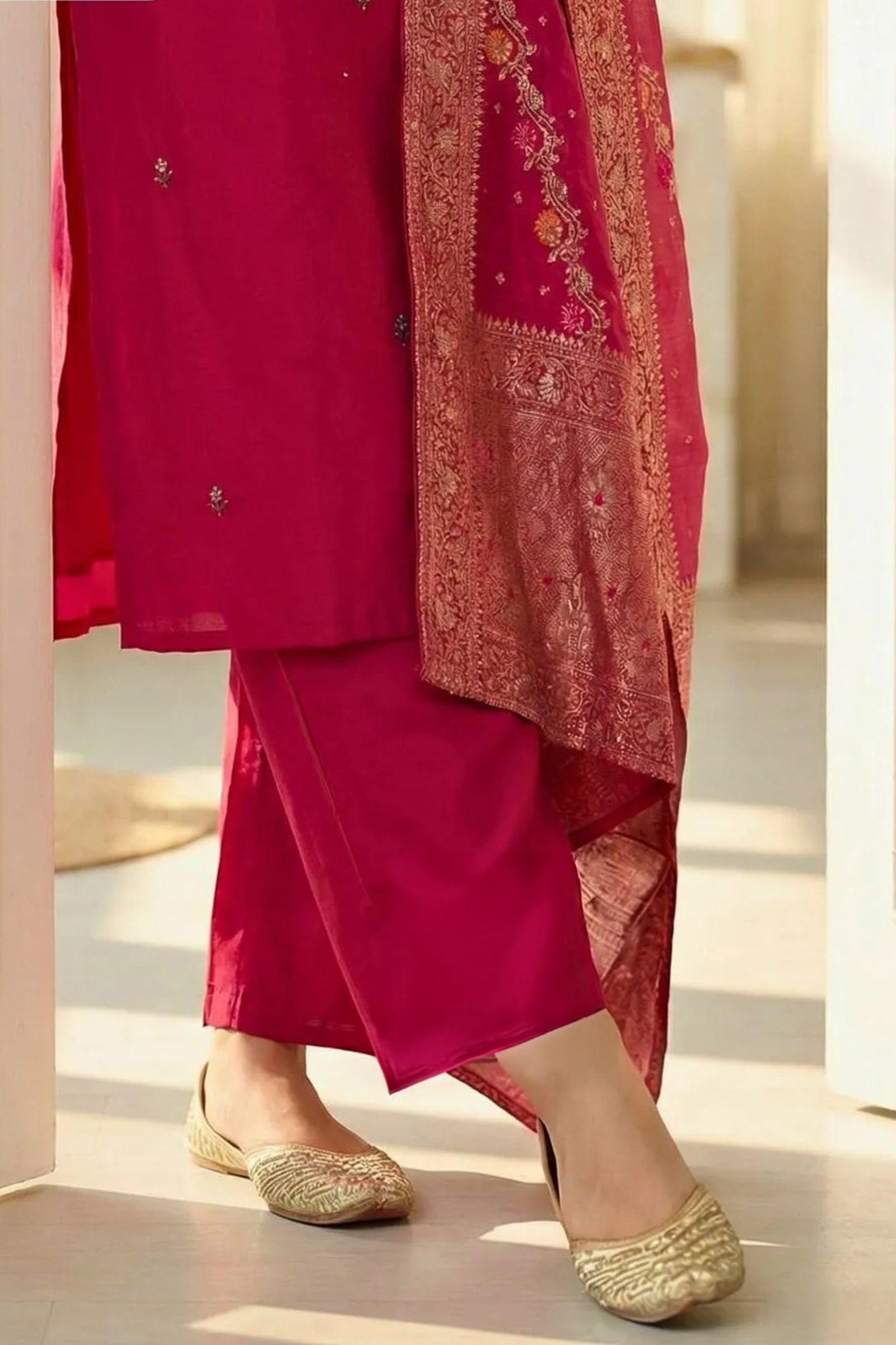 Red Crepe Silk Straight Kurta with Straight Pant and Zardosi Work