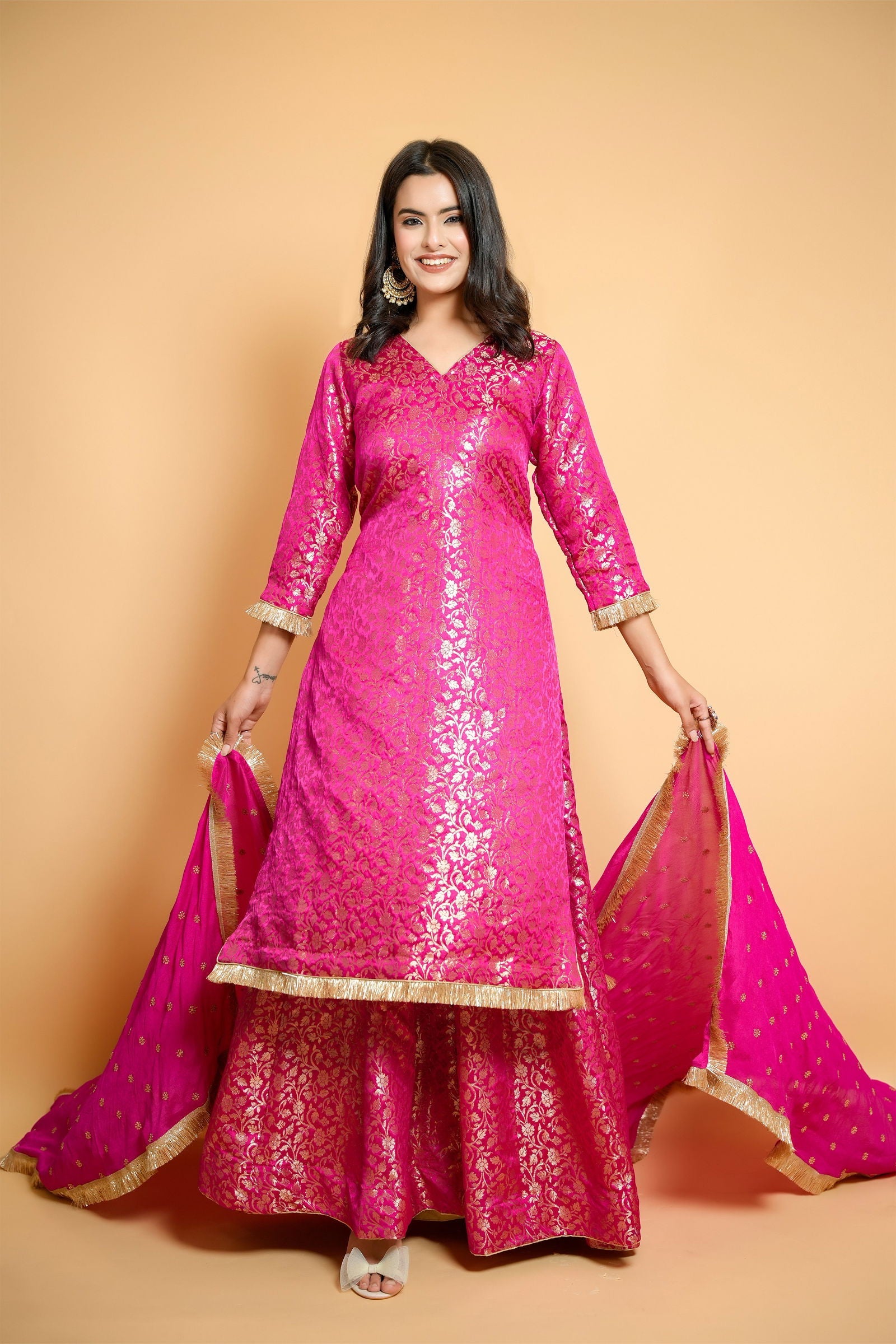 Magenta Pink Brocade Sharara Suit with Golden Frill Lace and Georgette Dupatta - Mayrake