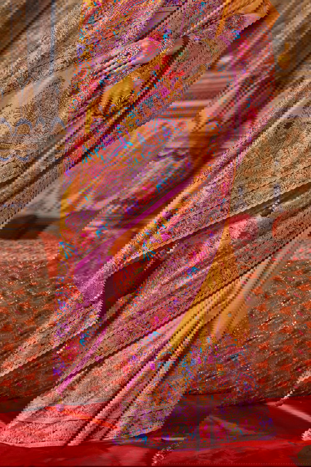 Marigold Yellow Raw Silk Saree with Heritage Prints - Mayrake.in