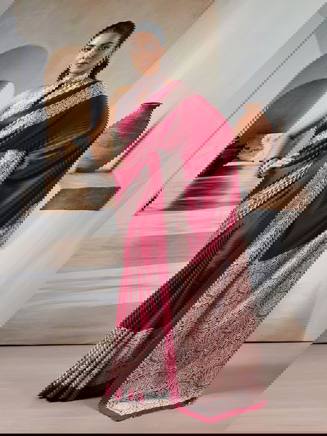 Maroon Pure Satin Modal Silk Saree with Ajrakh Print - Mayrake.in