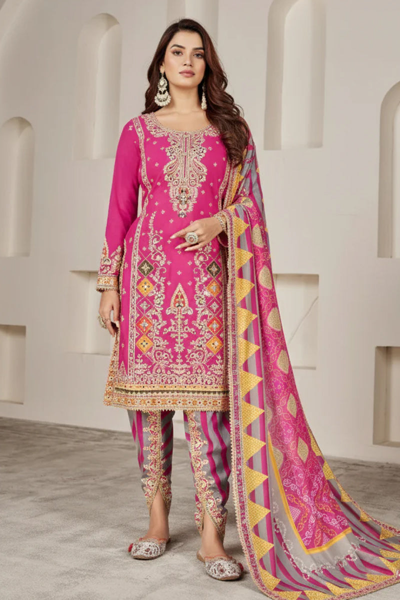 Magenta Pink Silk Suit with Zari Embroidery with Designer Dhoti Pant & Dupatta