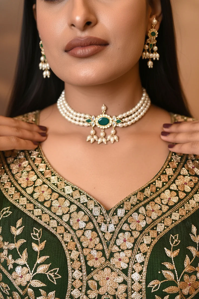 Pearl Emerald Kundan Stone Choker Jewellery