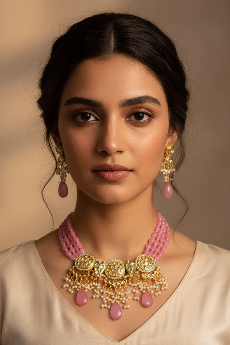 Rose Pink Beads Kundan Necklace Jewellery