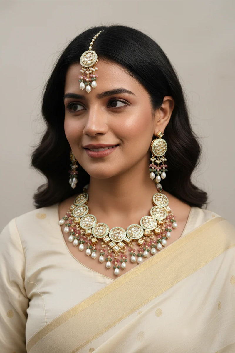 Gold Finish Kundan Multi-Color Beads and Pearls Necklace Jewellery