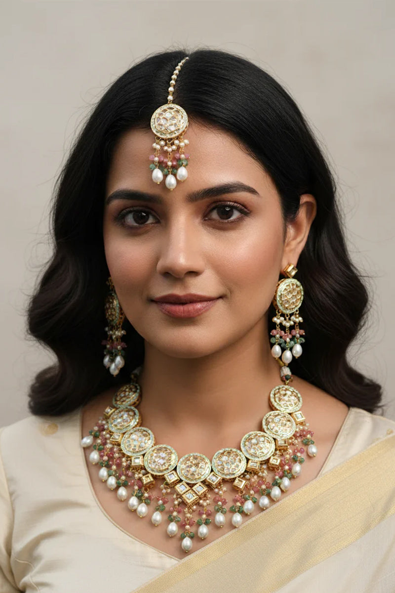 Gold Finish Kundan Multi-Color Beads and Pearls Necklace Jewellery