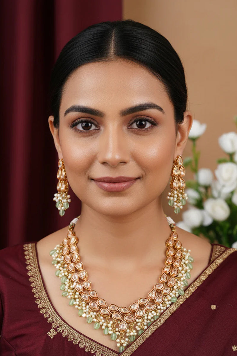 Gold Finish Kundan Necklace Jewellery with Beads and Pearls
