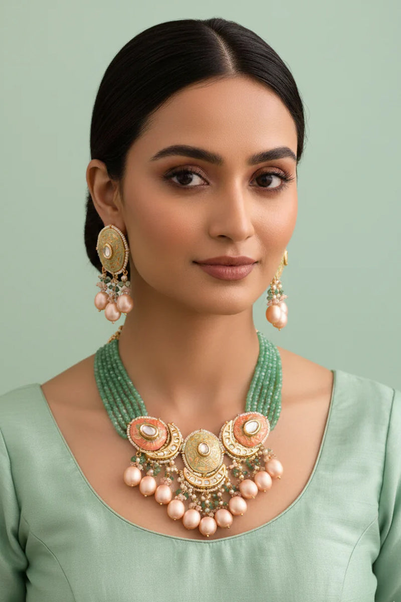 Gold Finish Kundan Sea Green Beads and Pearls Necklace Jewellery