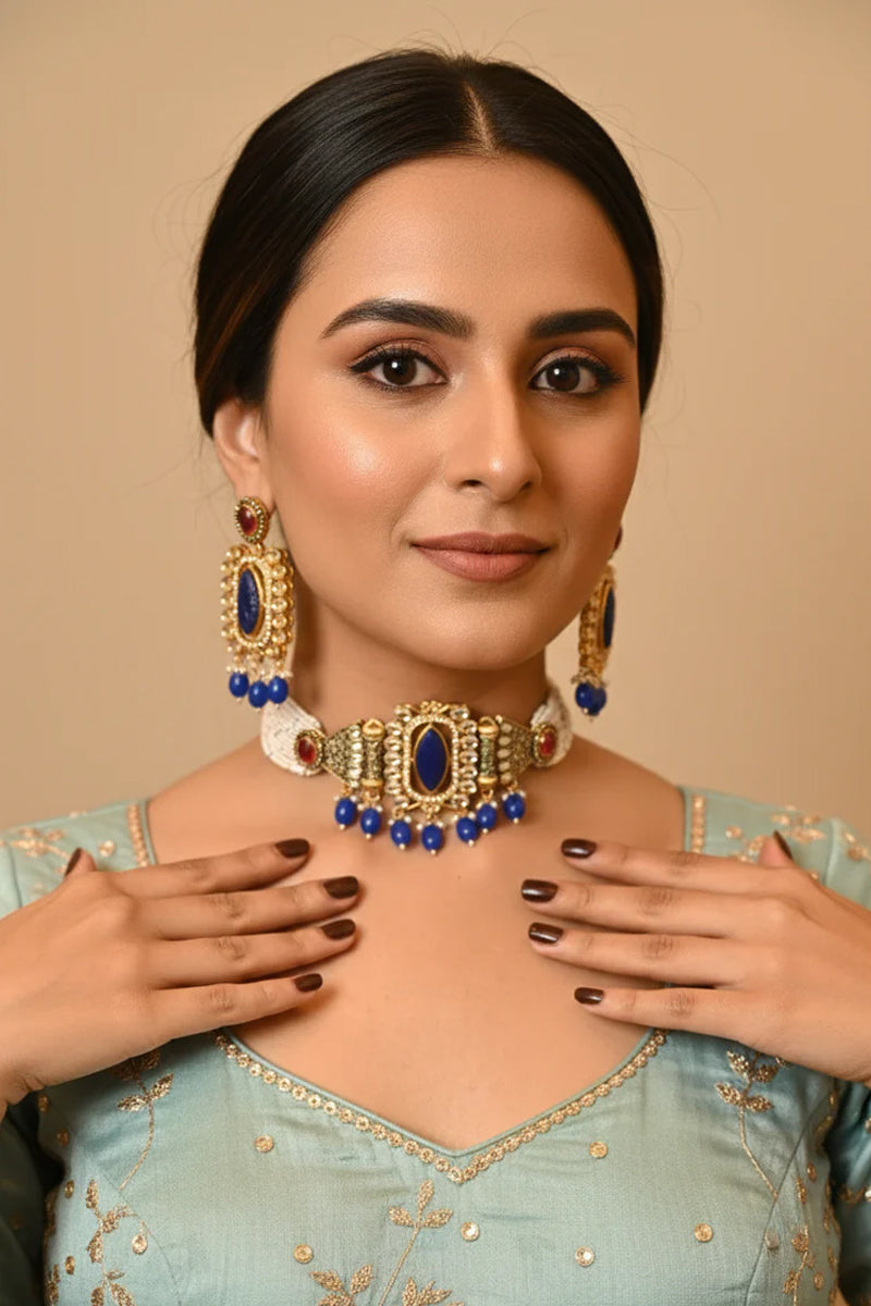 Kundan Blue Beads Choker with Matching Earrings Jewellery Set