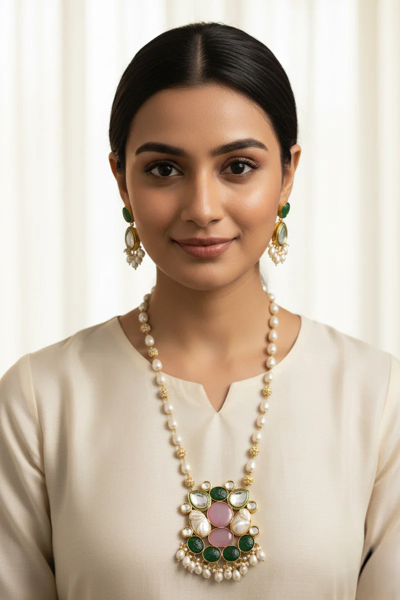 Elegant Long Pearl & Mother of Pearl Pink Stones Kundan Necklace Jewellery