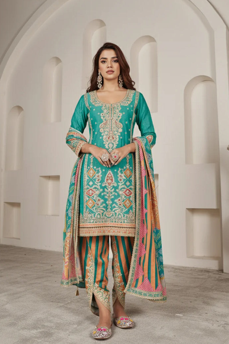 Green Silk Suit with Zari Embroidery with Designer Dhoti Pant & Dupatta