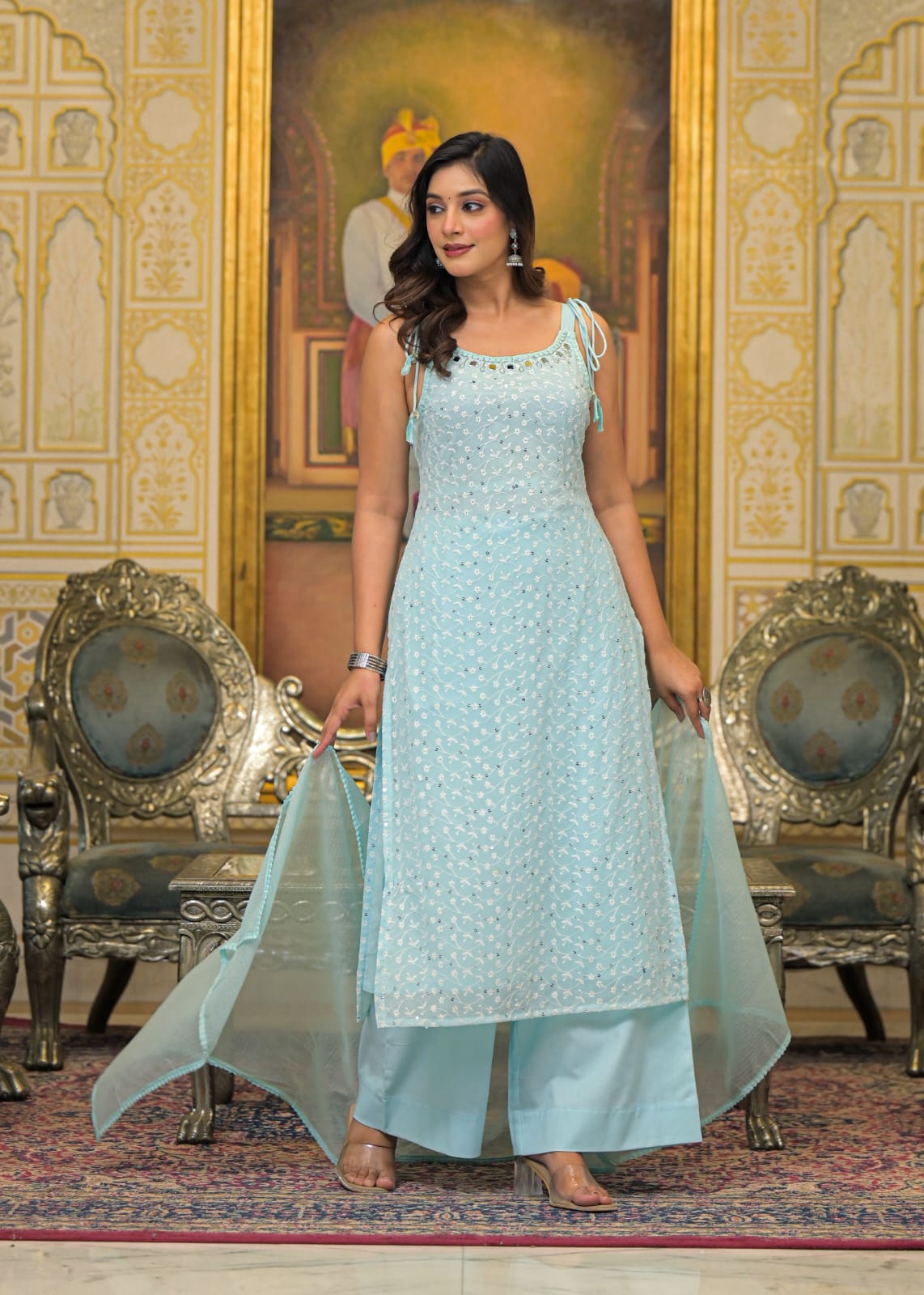 Sky Blue Georgette Sleeveless Salwar Suit Set with Dupatta