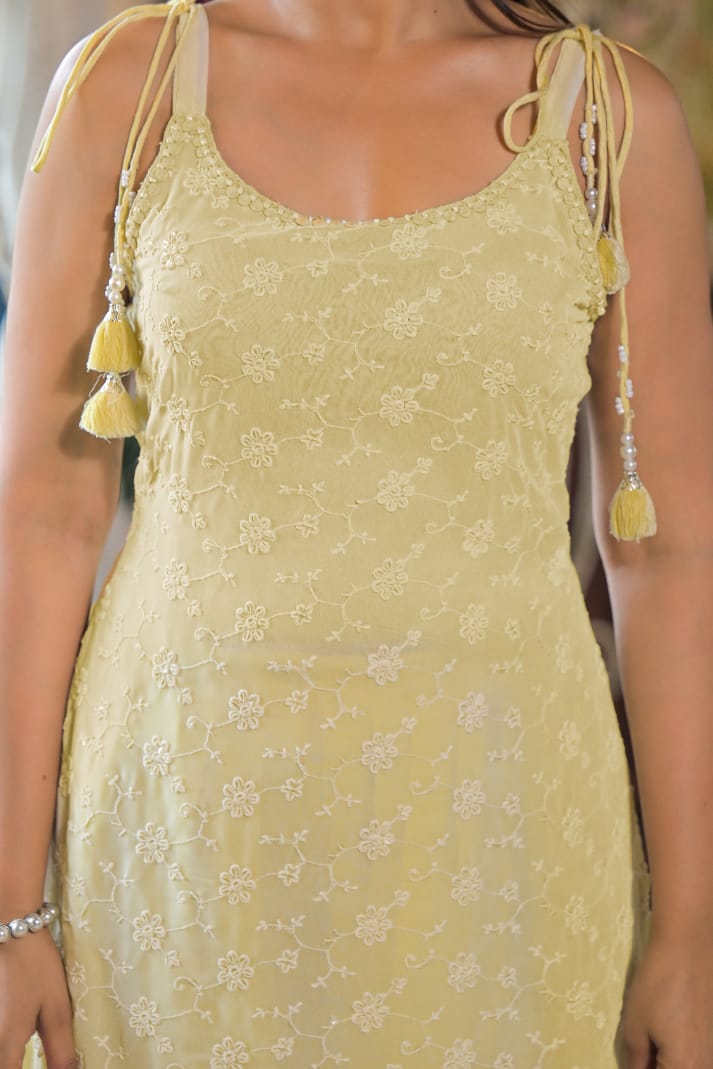 Lemon Georgette Sleeveless Salwar Suit Set with Dupatta