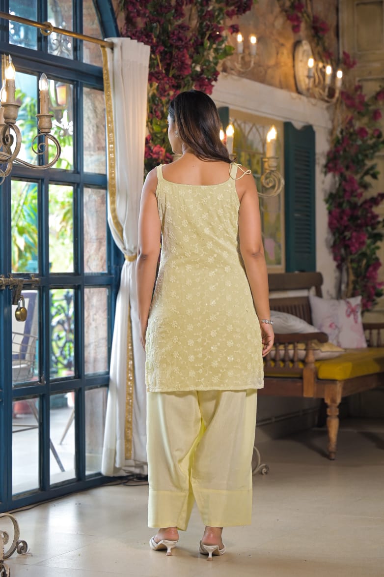 Lemon Georgette Sleeveless Salwar Suit Set with Dupatta