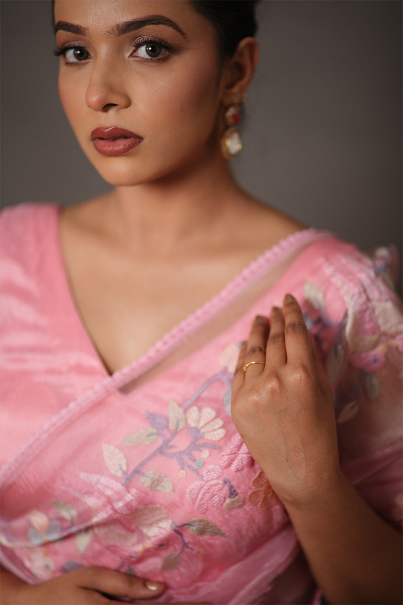 Soft Pink Tissue Silk Saree with Pastel Floral Embroidery