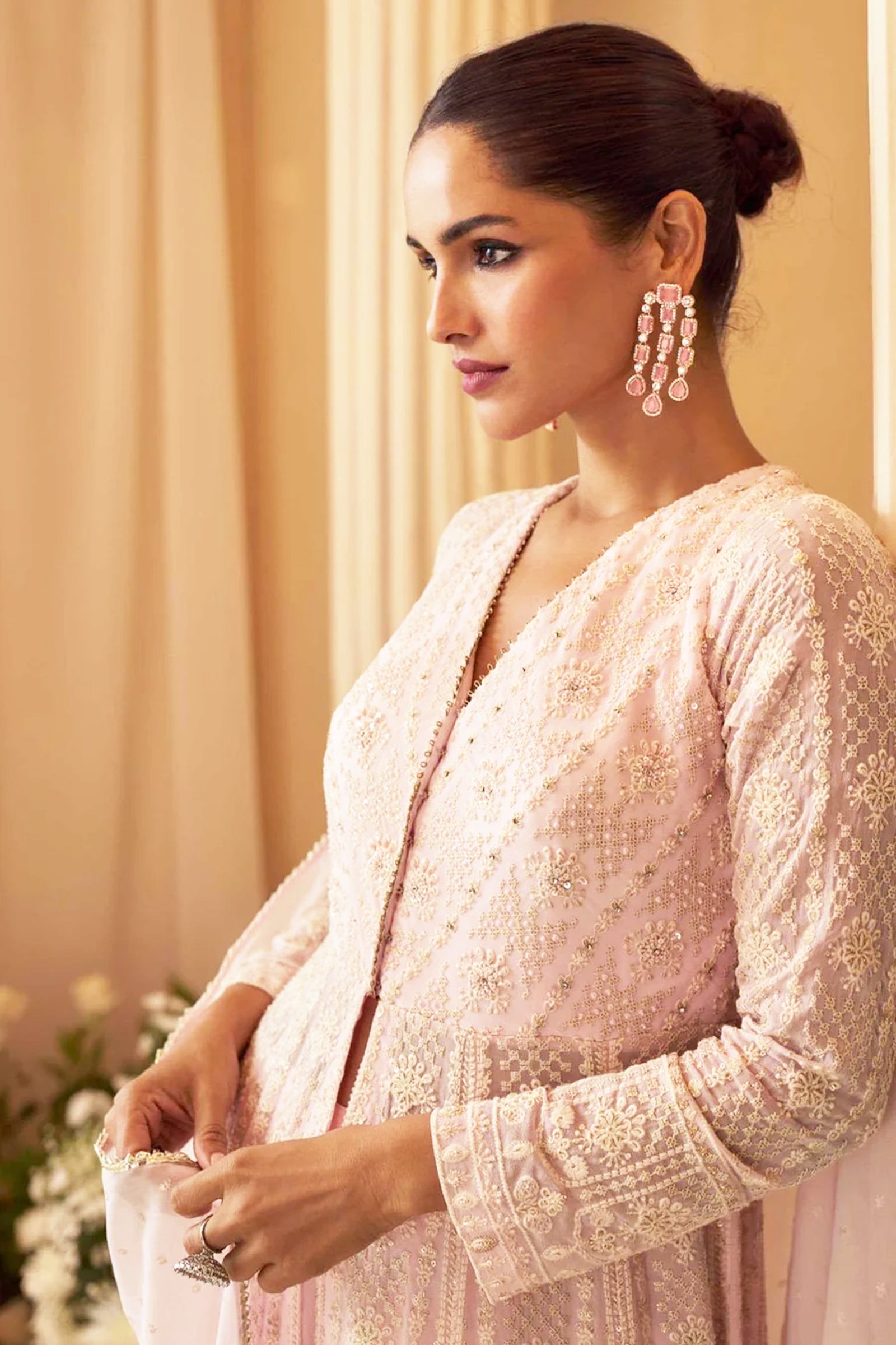 Powder Pink Georgette Front-Slit Anarkali with Intricate Ivory Threadwork