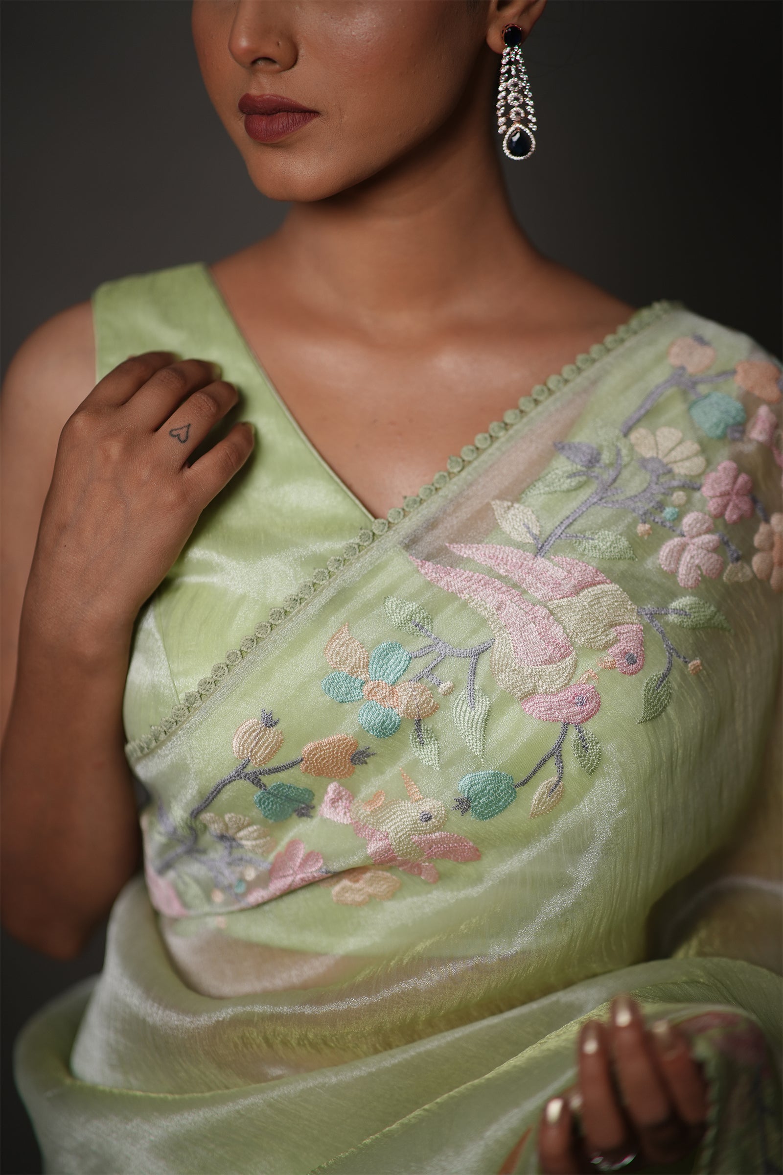 Pastel Mint Green Tissue Silk Saree with Floral Embroidery