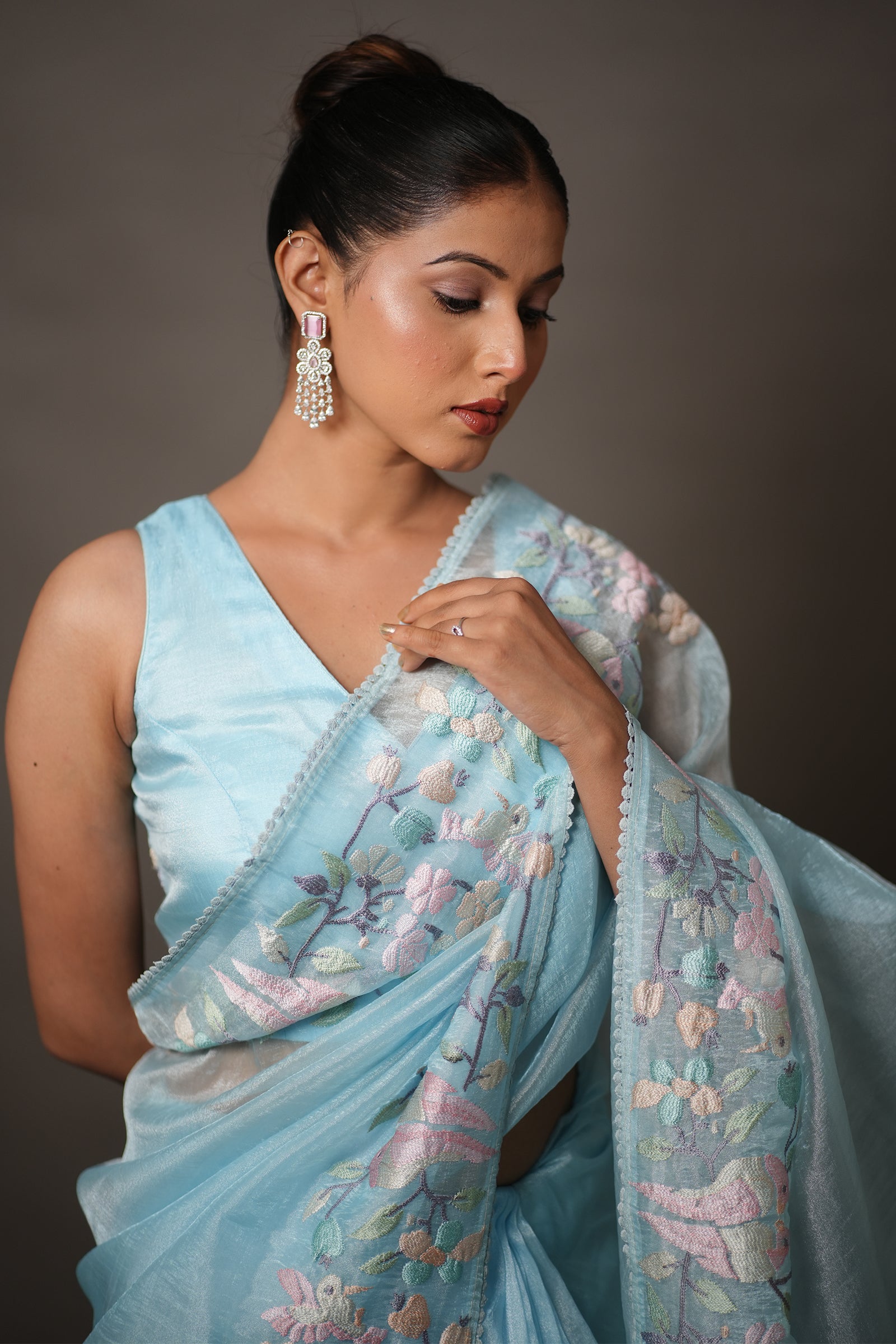 Sky Blue Tissue Silk Saree with Pastel Floral Embroidery