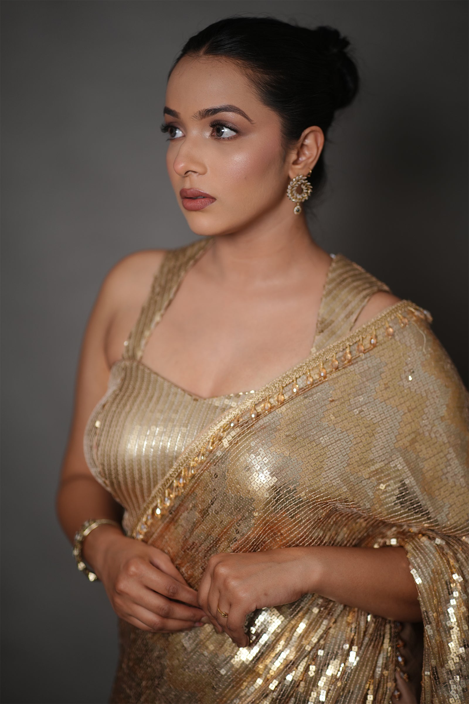 Champagne Gold All-Over Sequin Saree with Beaded Border