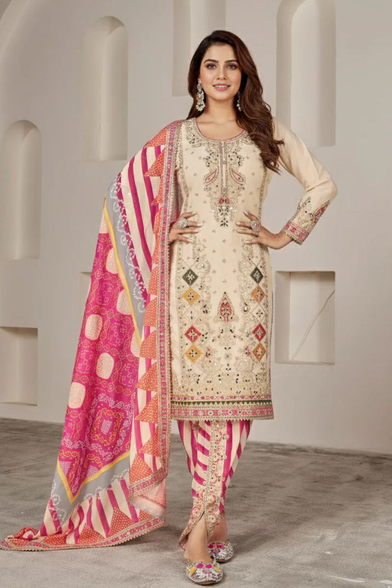 Cream-Pink Silk Suit with Zari Embroidery with Designer Dhoti Pant & Dupatta