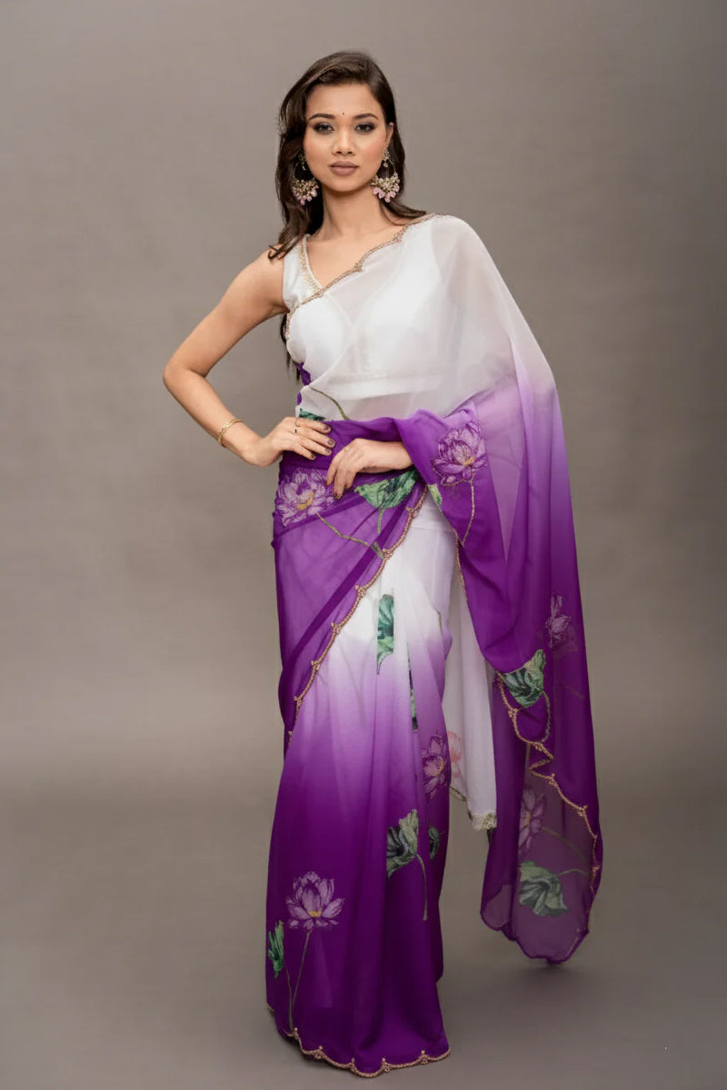 Dark Purple Tebi Twin Silk Saree with Floral Digital Print & Moti Handwork Border
