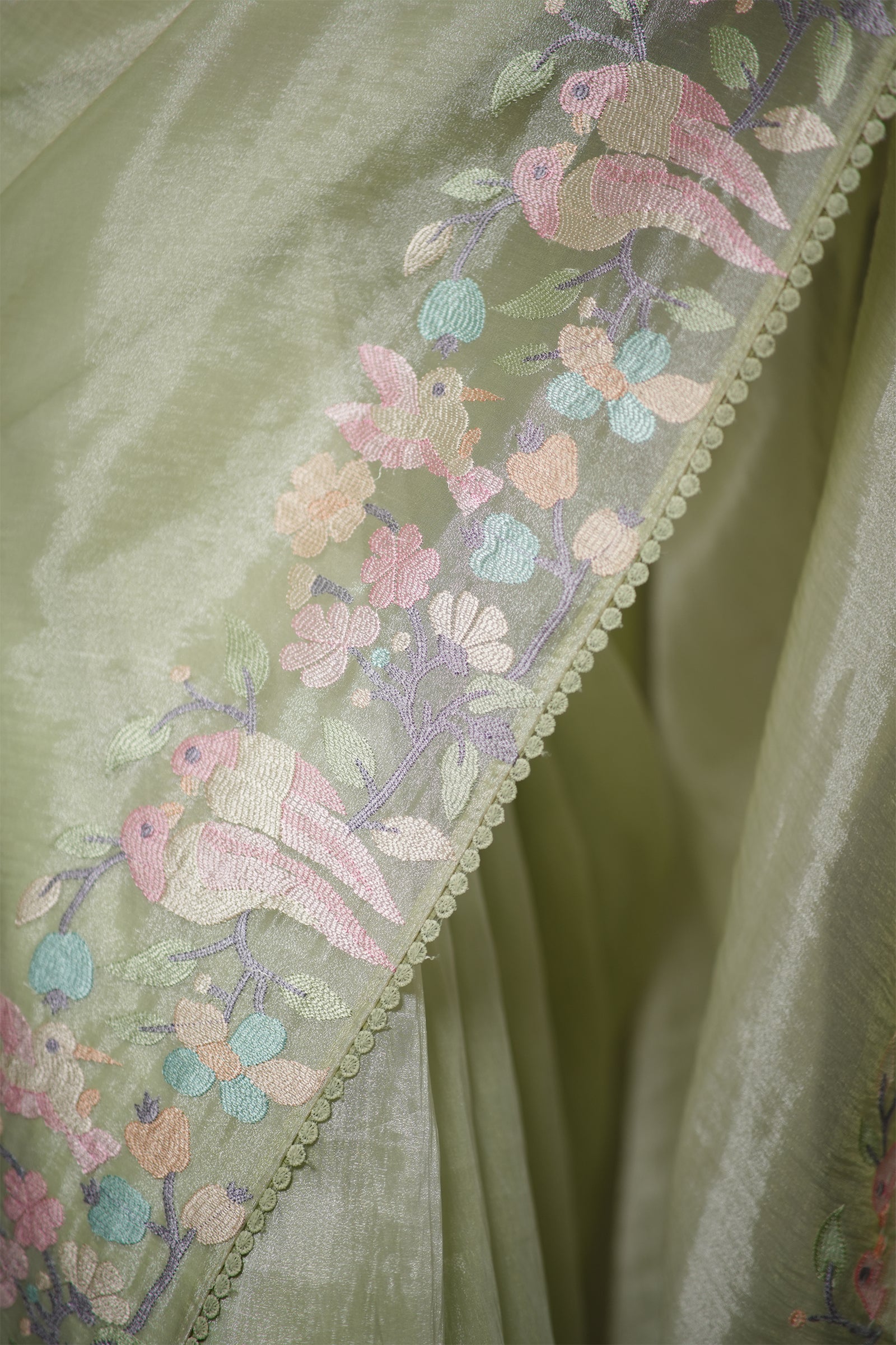 Pastel Mint Green Tissue Silk Saree with Floral Embroidery