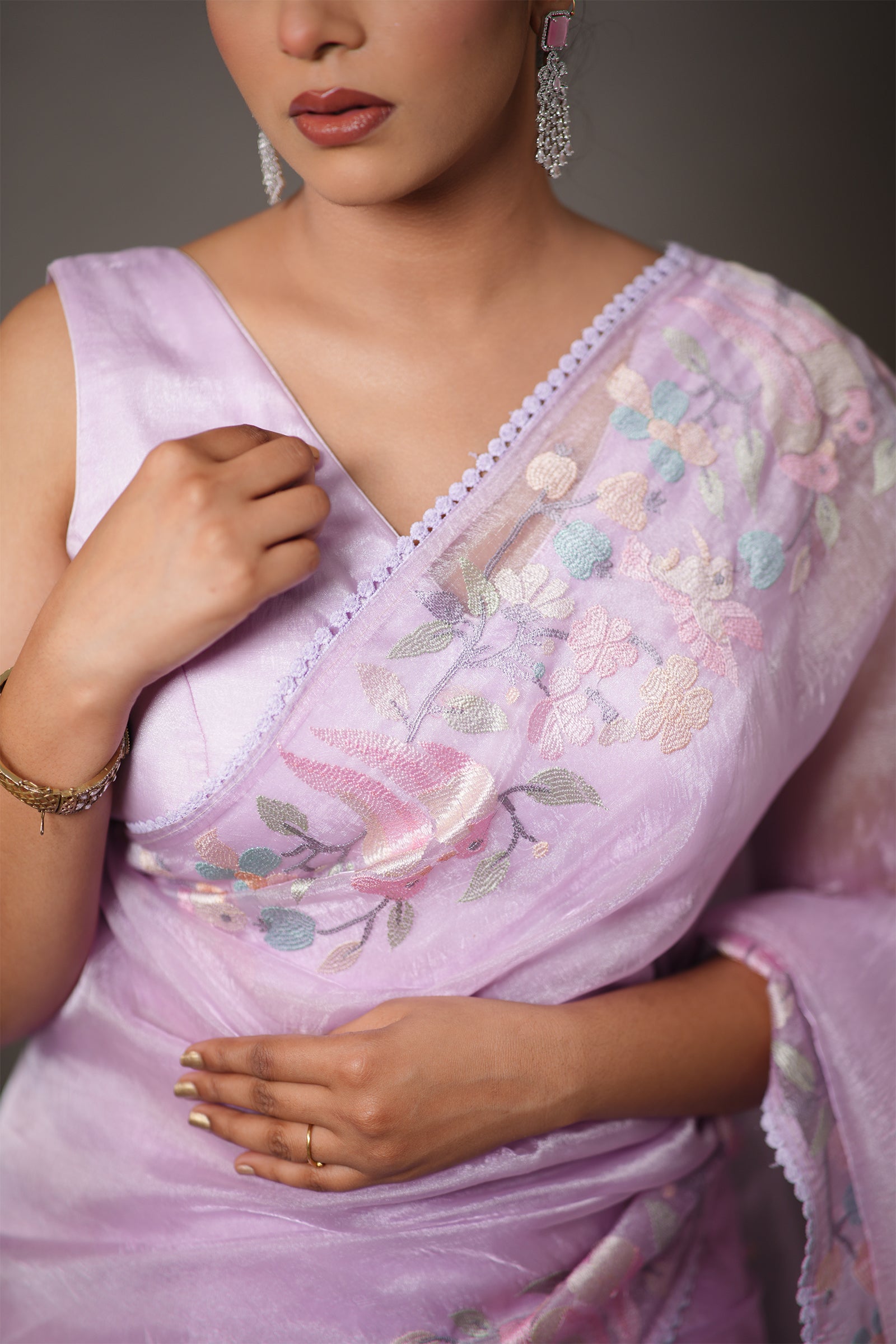 Lavender Tissue Silk Saree with Pastel Floral Embroidery