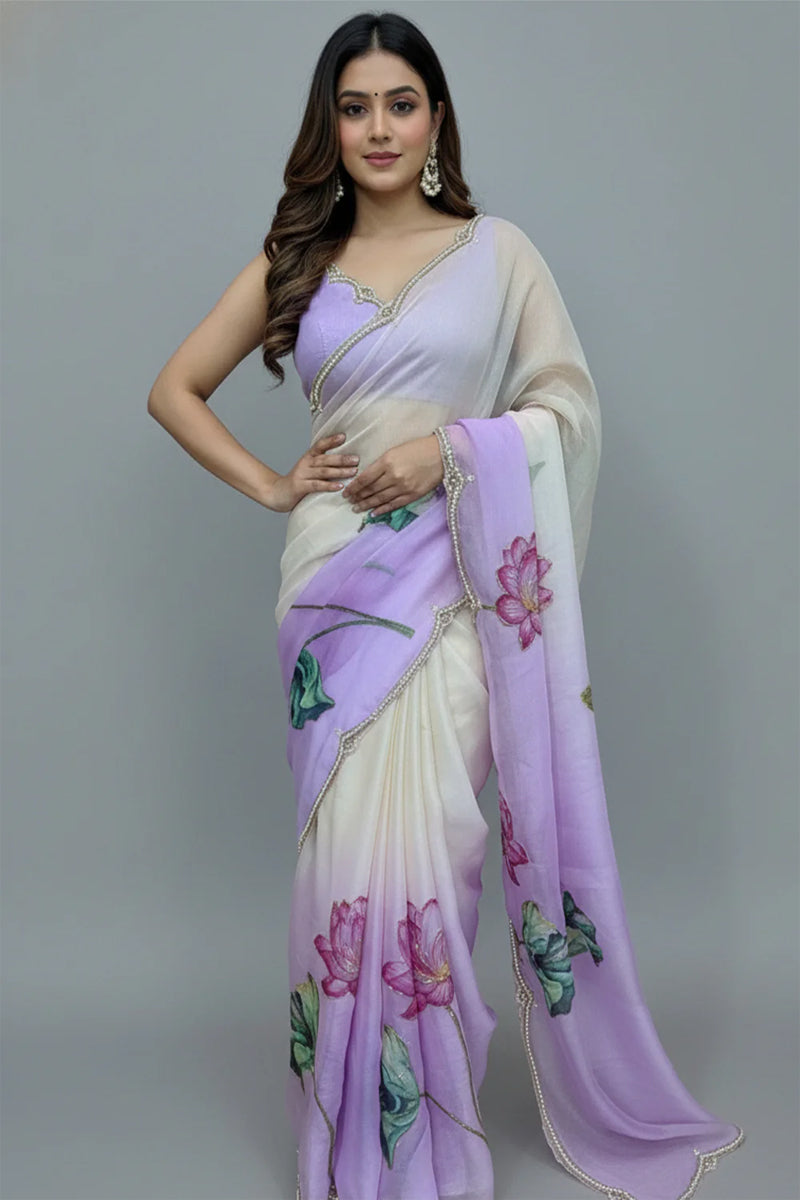 Light Purple Soft Tebi Silk Shaded Saree with Floral Digital Print & Moti Handwork Border