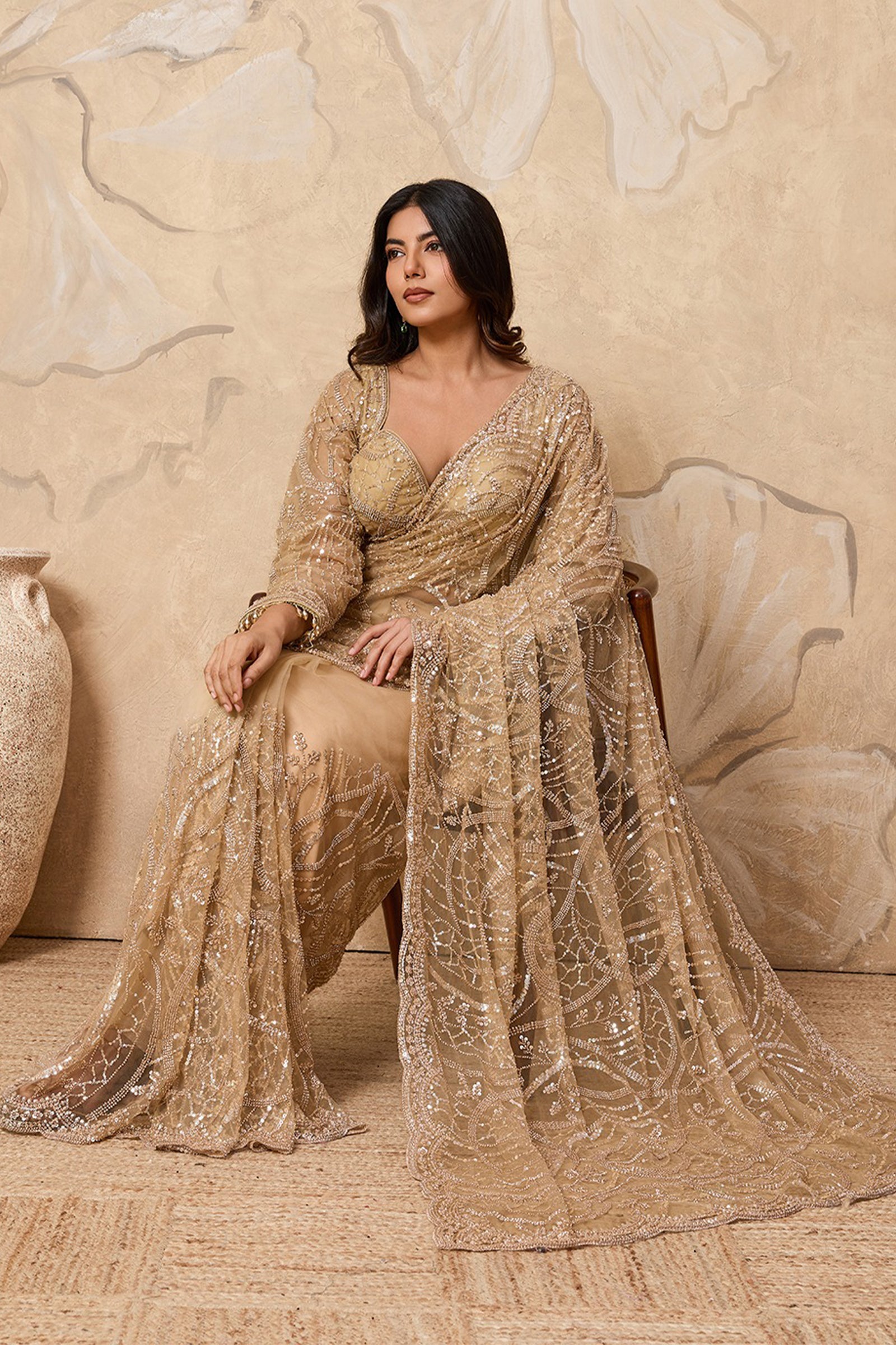 Golden All-Over Sequin Saree with Beaded Border