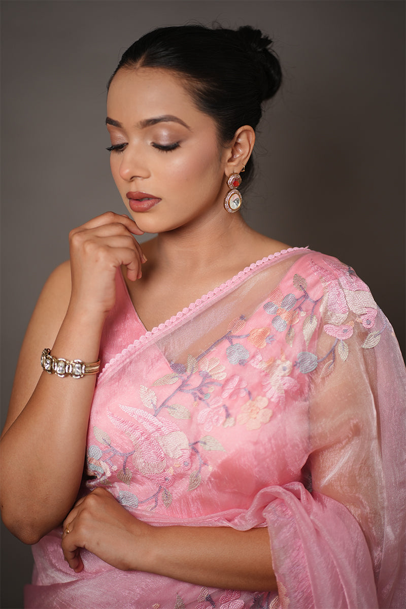 Soft Pink Tissue Silk Saree with Pastel Floral Embroidery