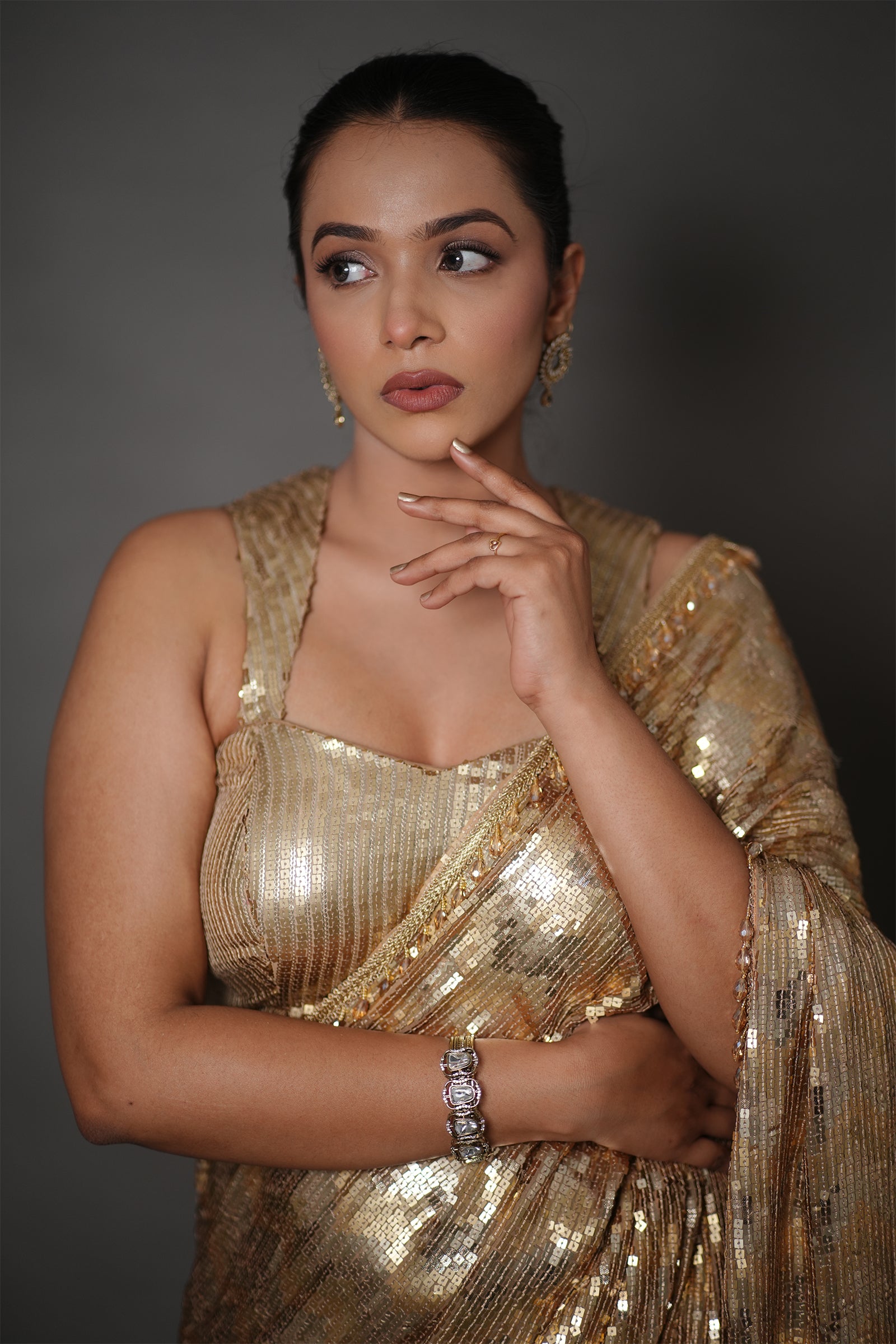 Champagne Gold All-Over Sequin Saree with Beaded Border