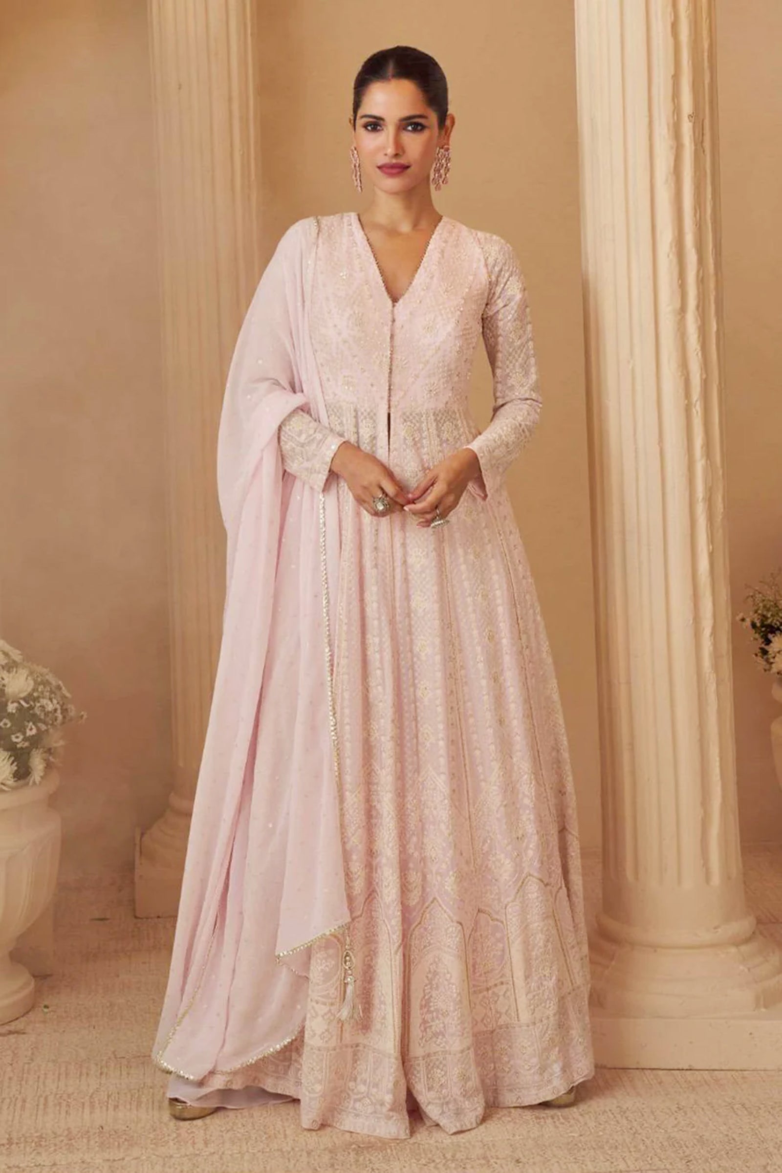 Powder Pink Georgette Front-Slit Anarkali with Intricate Ivory Threadwork