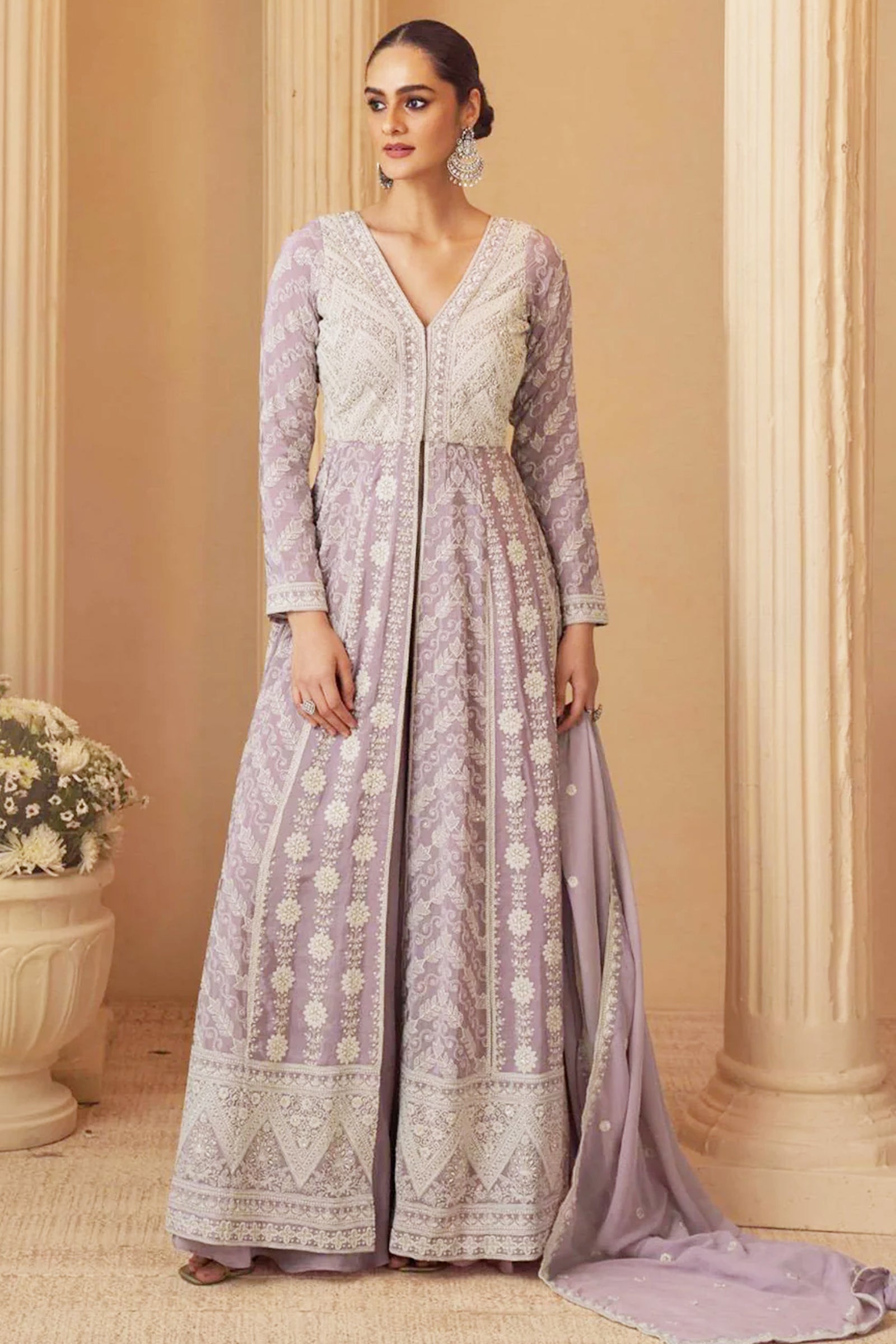 Lavender Georgette Front-Slit Anarkali with Intricate Ivory Threadwork
