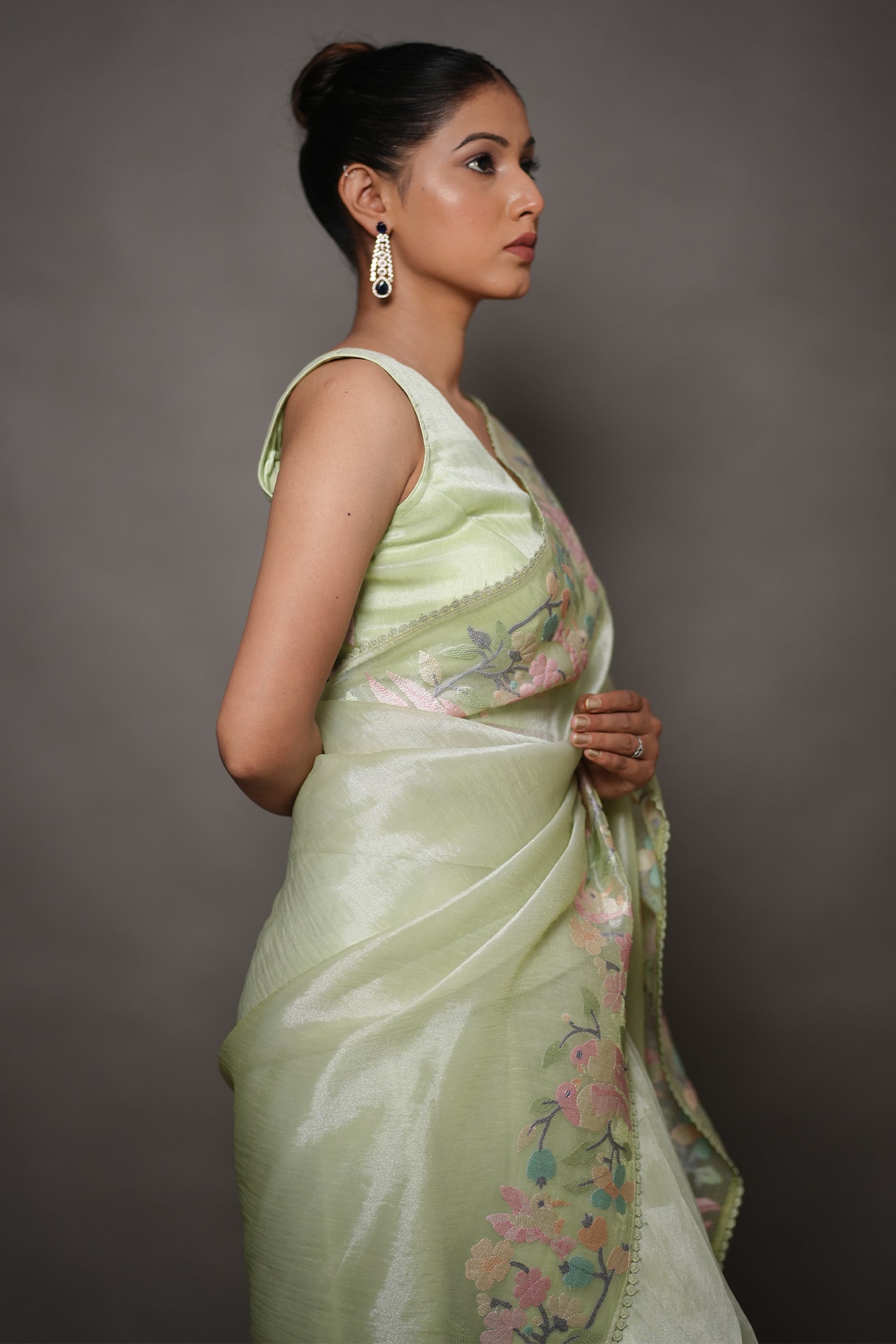 Pastel Mint Green Tissue Silk Saree with Floral Embroidery