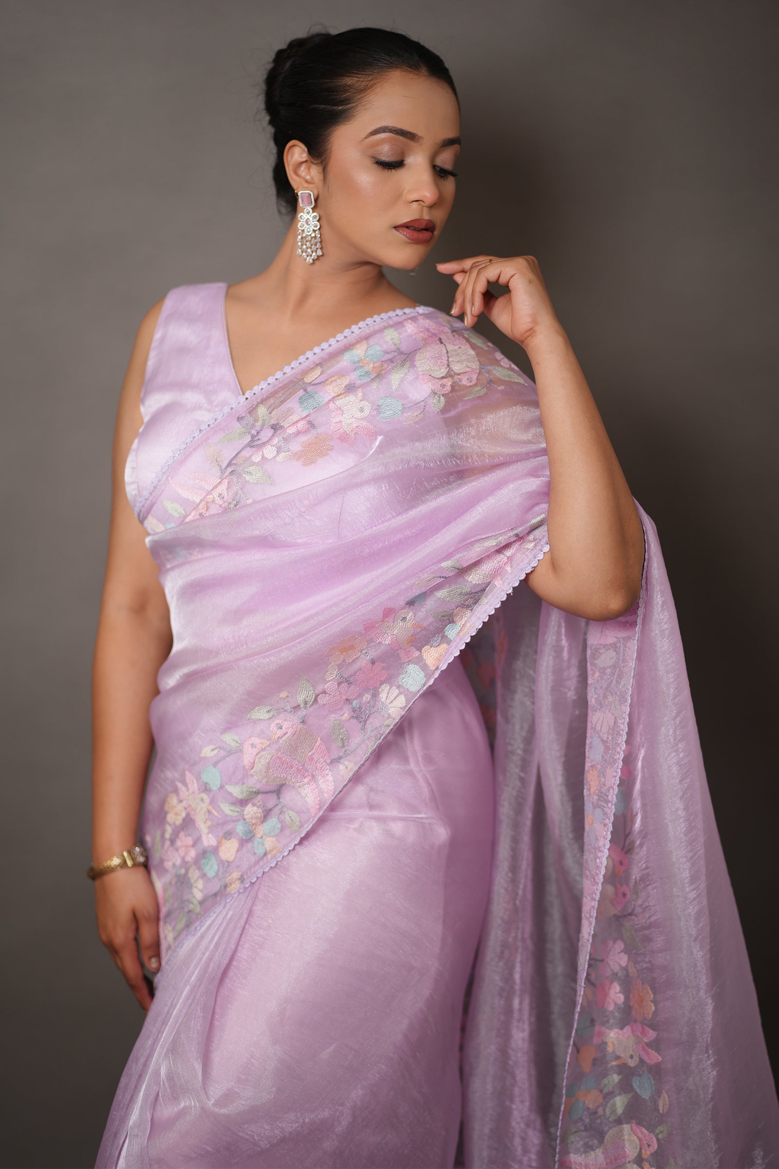 Lavender Tissue Silk Saree with Pastel Floral Embroidery