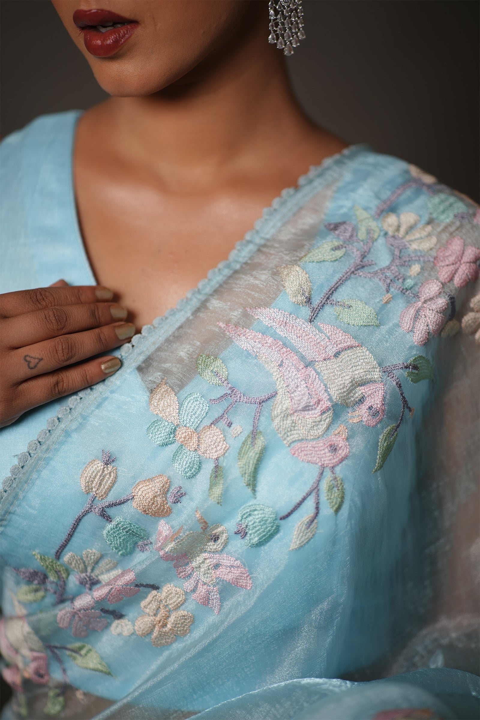 Sky Blue Tissue Silk Saree with Pastel Floral Embroidery