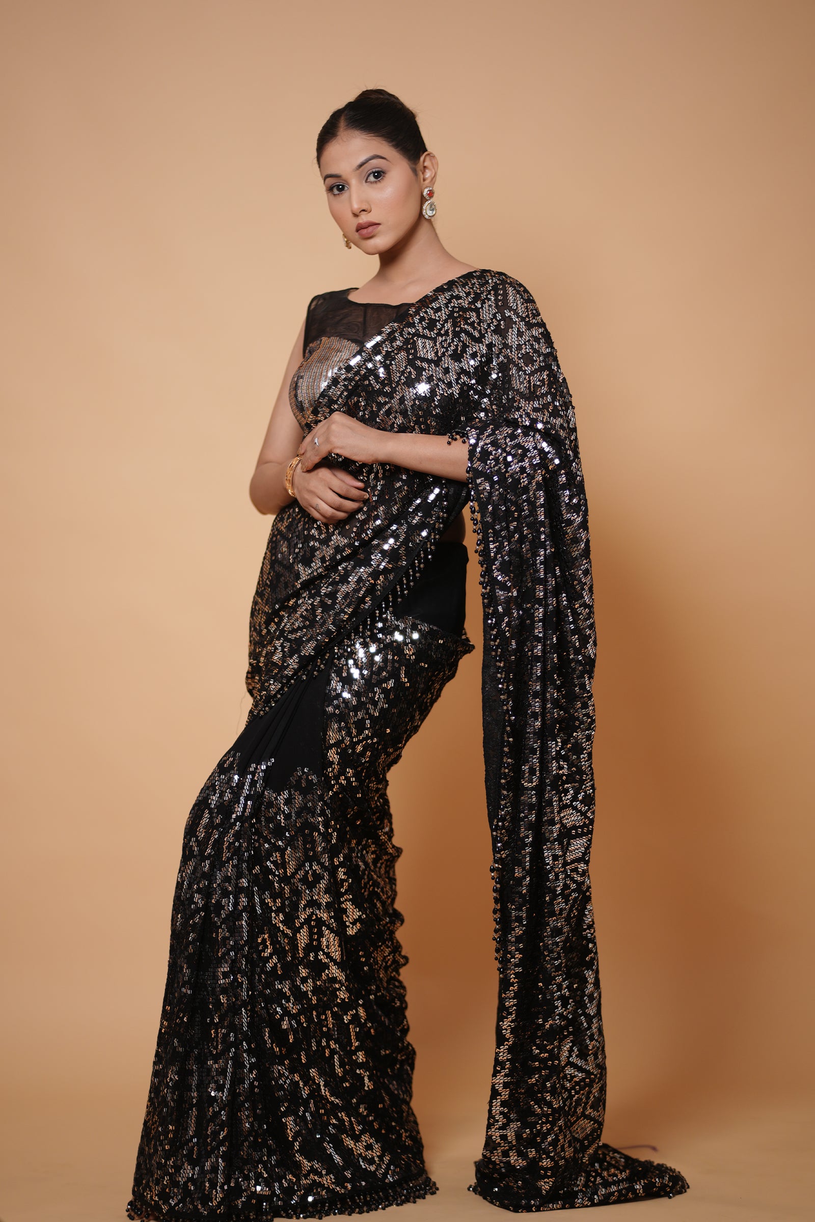 Black Georgette Saree with All-Over Gold Sequin Embroidery With Ready Made Blouse