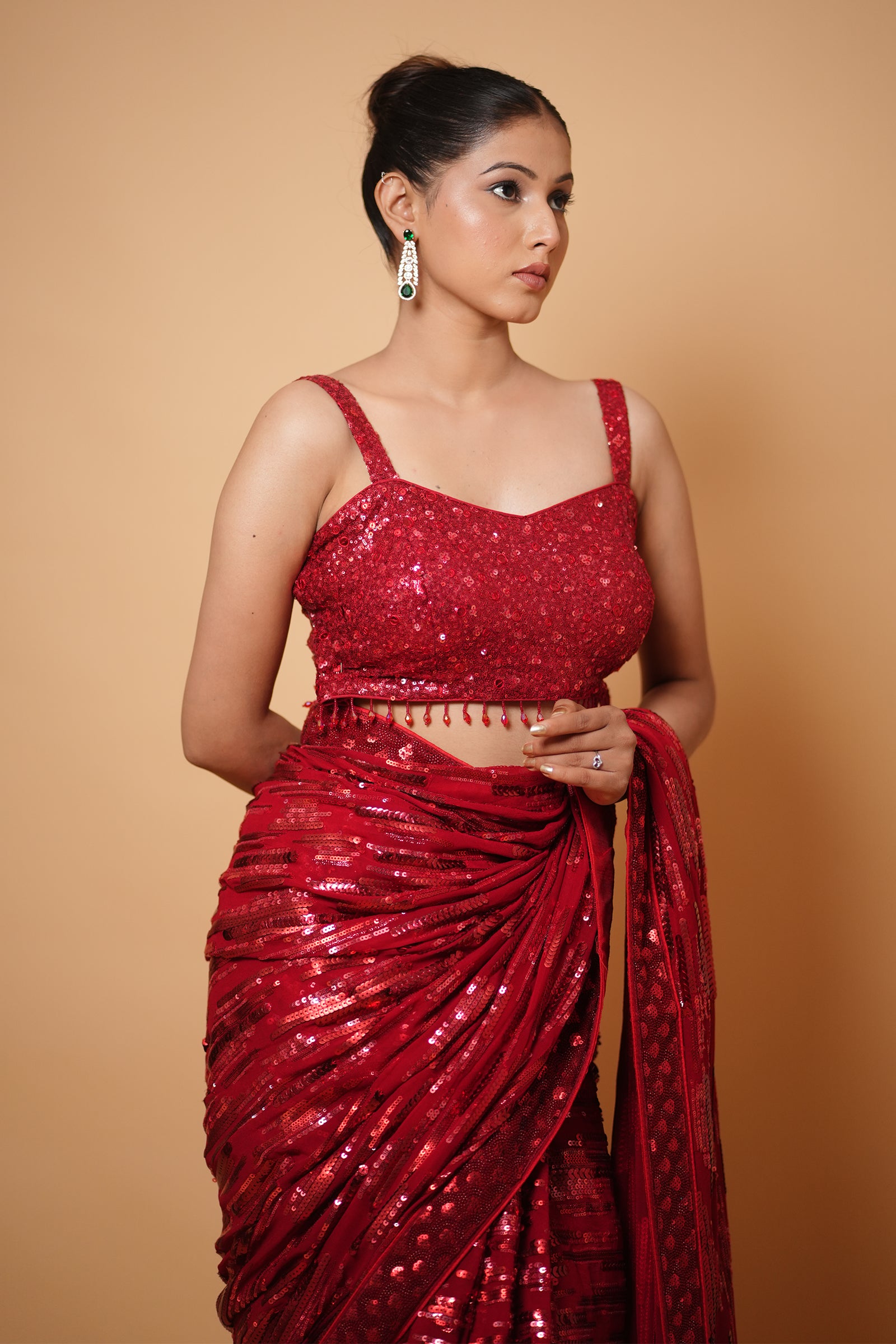 Turn Heads in the Mayrake Crimson Red Sequin Saree